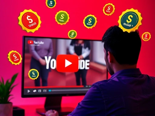 A person streaming live on YouTube, with various digital income elements like super chat icons and membership badges floating around, showing real-time earnings, vibrant and modern style.
