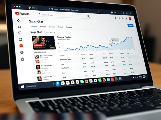 Close-up of a laptop screen showing YouTube Studio dashboard with analytics for live stream monetization, focusing on Super Chat and membership revenue details, clear and precise.