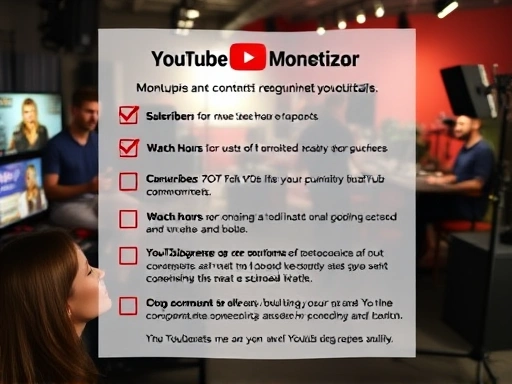 A detailed checklist illustrating YouTube monetization requirements with icons for subscribers, watch hours, and community guidelines, set against a background of a bustling content studio.