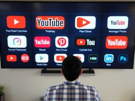 A diverse set of YouTube channel logos on a screen, with a person managing multiple content streams, symbolizing income diversification and strategic growth.