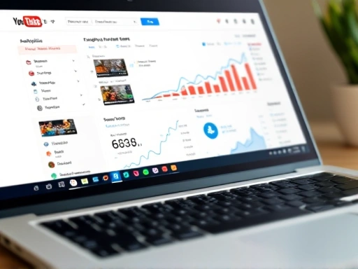 Close-up on a laptop screen showing YouTube Analytics dashboards for multiple channels, with data charts and graphs, emphasizing detailed performance analysis.