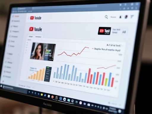 A close-up shot of a computer screen displaying YouTube Studio analytics, specifically focusing on A/B testing results for thumbnails, with charts and data representing the performance of different thumbnail variations, emphasizing data-driven decisions.