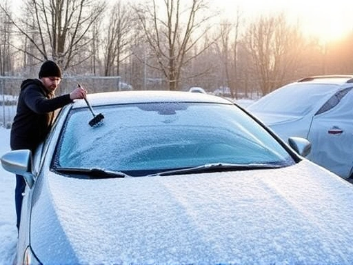 A winter morning scene with a car covered in frost, someone efficiently scraping the windshield, and another car with a windshield cover, suggesting effective solutions.
