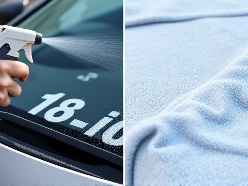 Close-up of a car windshield being sprayed with a de-icer, showing the ice melting instantly, or a detail shot of a car covered with an anti-frost blanket, illustrating prevention.