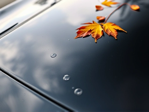Close-up of a car's hood with a few colorful autumn leaves, showing a detailed paint surface and subtle water beads from a protective coating, emphasizing prevention.