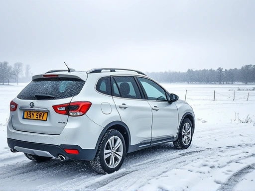A diesel car parked in a snowy landscape during winter, with frost on the windows, emphasizing cold weather conditions and the need for vehicle maintenance.