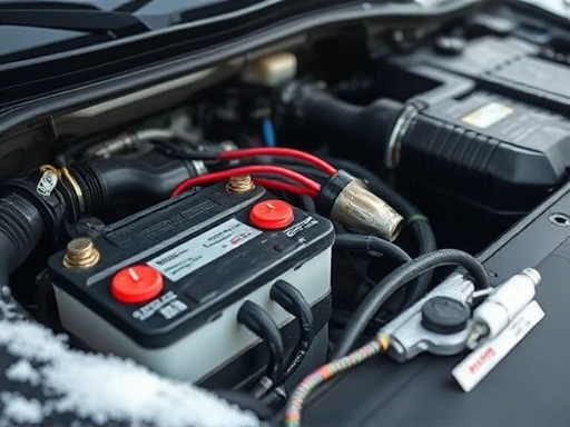 A close-up shot of a diesel car engine bay in winter, focusing on the battery terminals and fuel filter, suggesting a hands-on maintenance check for cold weather preparation.