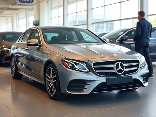 A sophisticated Mercedes-Benz E-Class in a used car dealership, highlighting its elegant design and potential for smart purchase, with a person inspecting.