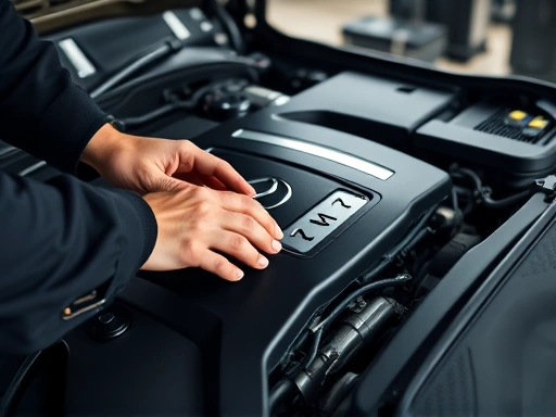 Close-up of a car mechanic's hands checking a Mercedes-Benz E-Class engine, focusing on engine details and maintenance, emphasizing used car inspection.