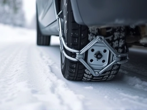 A close-up of a car tire with a metal snow chain being carefully installed on a snowy road, emphasizing safety and preparation for winter driving.