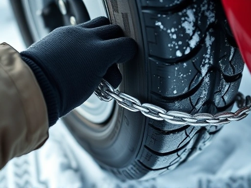 Detailed view of a hand in a glove tightening a fabric snow chain on a car tire, with focus on the texture of the chain and the tire tread in a winter environment.