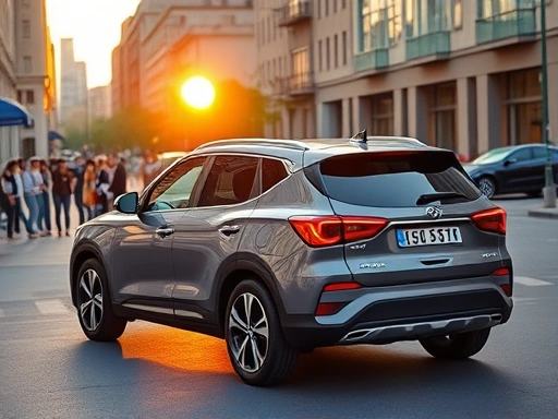 A sleek SsangYong Tivoli parked in a modern city street, sun setting, with a diverse group of people looking at it, conveying curiosity and practicality. Small SUV with stylish design.