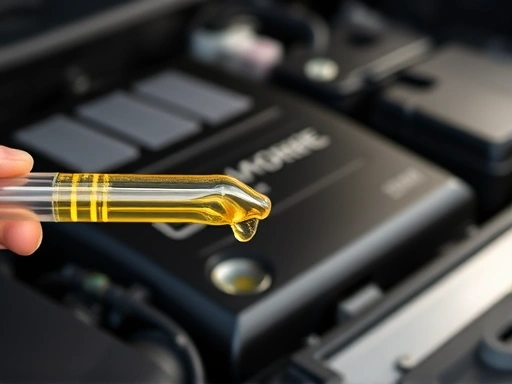 A modern car engine bay with a dipstick being pulled out, showing the engine oil's clean, golden color, symbolizing proper maintenance and optimal engine health.