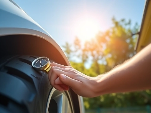 A person checking car tire pressure with a gauge under a bright summer sun, with a clear blue sky and green trees in the background, focusing on proper vehicle maintenance and safety.