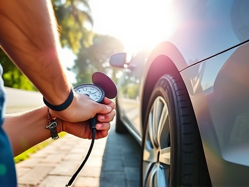 A vibrant outdoor scene with a car parked, focusing on a person checking tire pressure with a gauge under bright summer sun, highlighting tire care. 