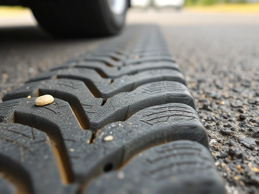 Close-up shot of a car tire tread, showing visible tread depth and the tire condition on a hot asphalt road, with a small stone in the groove. 
