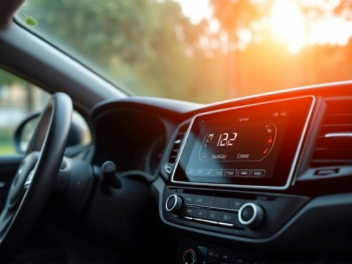 A modern car's dashboard with an AC control panel illuminated, showing temperature settings and eco-friendly features, emphasizing efficiency in summer. 