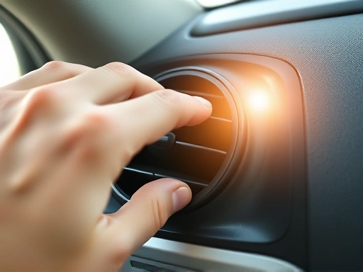 Close-up of a hand adjusting a car's AC vent, with a focus on cool air flowing out and sunlight entering through the window, illustrating comfort and energy saving.