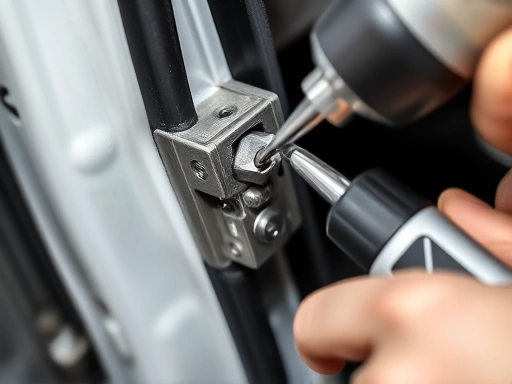A detailed, close-up shot of a car door hinge being lubricated with a grease gun, showing the metal components and the smooth application of lubricant, with a focus on precision and maintenance.