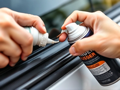 A close-up shot of a hand applying a rubber protectant spray to a car's weather strip, highlighting the detailed texture of the rubber and the protective liquid, emphasizing car maintenance.