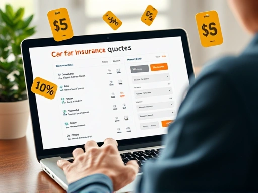 A detailed image showing a person comparing different car insurance quotes on a laptop screen, with various discount icons floating around, emphasizing financial savings and smart choices.