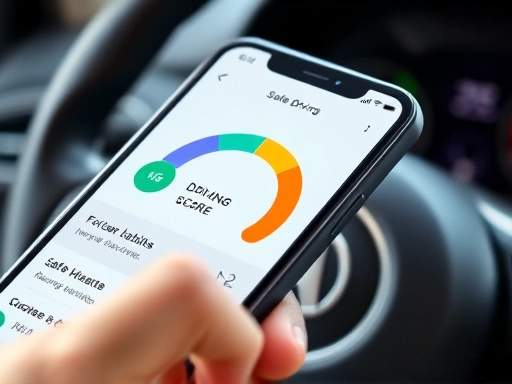 Close-up on a smartphone screen displaying a navigation app's safe driving score, with a car's steering wheel in the background, highlighting the direct link between driving habits and insurance discounts.