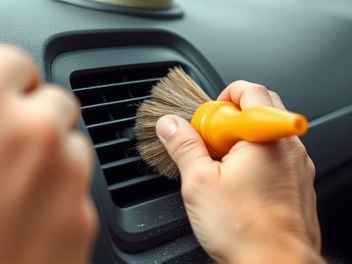 A person meticulously cleaning a car's air vent with a brush, showing dust and debris, bright and clean interior, focus on fresh air.