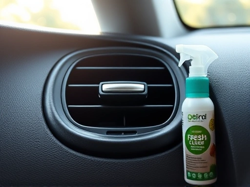 Close-up of a car's dashboard with a freshly cleaned air vent, a car air freshener, and sunlight entering, suggesting a fresh interior.