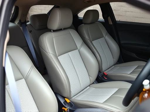 A detailed image of a clean, well-maintained car interior with various seat types, showcasing cleanliness and care, with cleaning tools in the background.