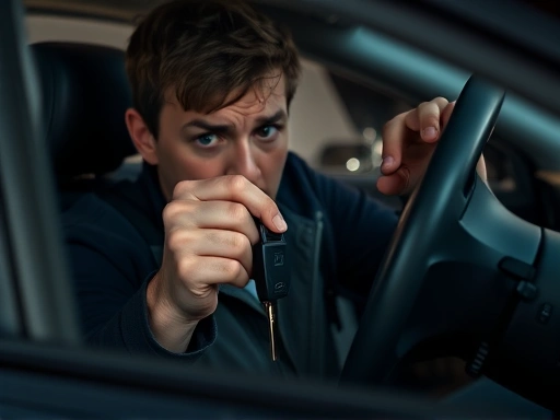 A detailed image showing a person in a car, with frustrated expression, attempting to turn a car key in the ignition, highlighting the steering wheel lock and gear shifter. The scene is slightly dark, indicating an urgent situation.