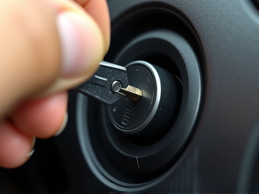 Close-up view of a car ignition barrel, with a hand carefully inserting a key. The image should show the intricate details of the key blade and the ignition slot, emphasizing potential obstructions or worn parts.