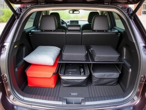 A neatly organized car trunk interior with various storage solutions, practical and clean, showcasing efficient space utilization.