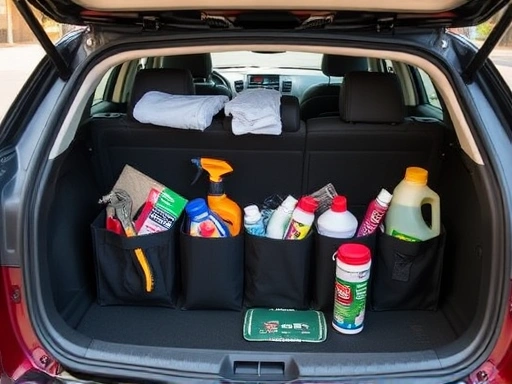 Close-up of a car trunk organizer box filled with essential items like tools, first-aid kit, and cleaning supplies, well-arranged and accessible.