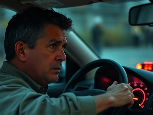 A driver looking concerned at a car dashboard with various warning lights illuminated, in a realistic and slightly anxious atmosphere.