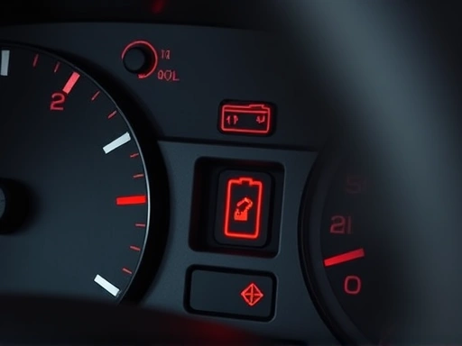 Close-up view of a car dashboard, specifically focusing on the illuminated red warning lights such as engine oil, battery, and brake system icons.