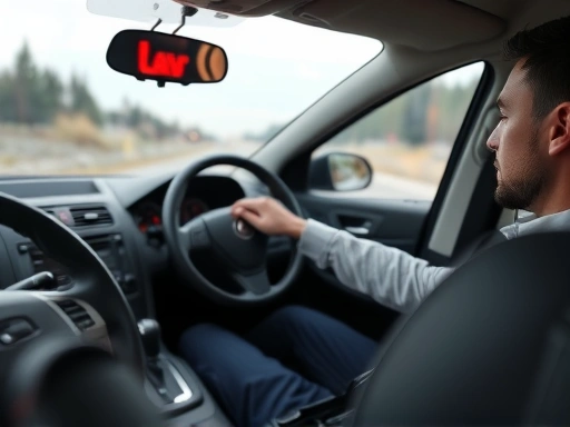 A driver calmly operating a car's gear shift while parked on a road shoulder with hazard lights on, emphasizing emergency response.