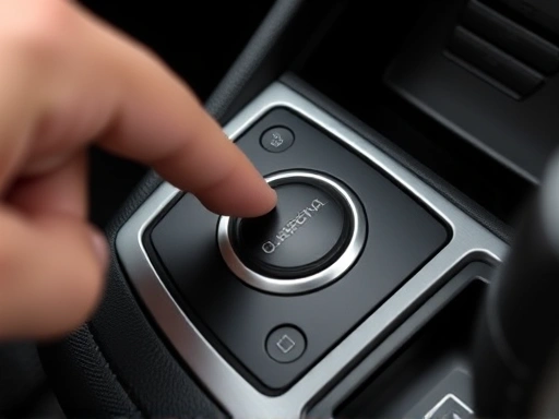 Close-up of a hand pressing a shift lock release button on an automatic car's gear console, showing a specific emergency action.