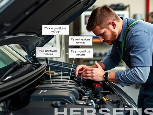 A car mechanic inspecting a car engine, highlighting various parts and potential sources of unusual car noises, with a focused and professional atmosphere.