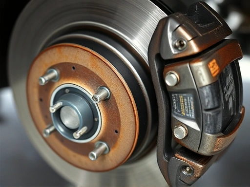 Close-up view of a car's brake disc and caliper with a worn brake pad, illustrating the common cause of squealing noises when braking.
