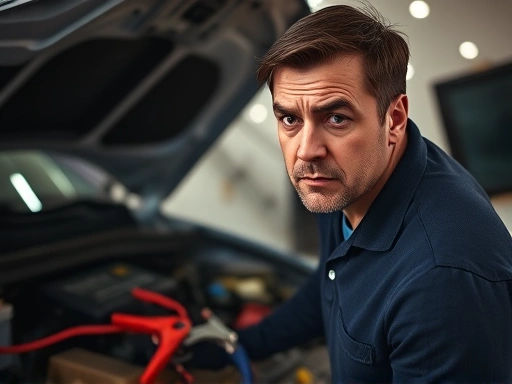 A frustrated person looking at a car with an open hood, showing a car battery and jumper cables. Focus on the engine bay and car troubleshooting.