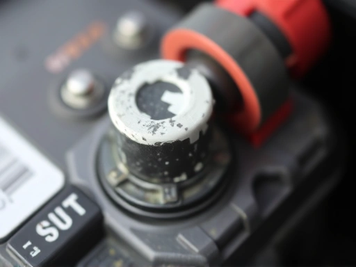 Close-up view of a car battery terminal with white corrosion, emphasizing the details of car maintenance and battery issues.