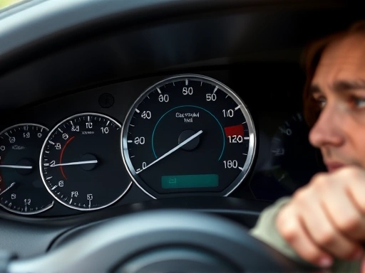 A car's dashboard with a broken fuel gauge, showing an empty tank despite being full, with a driver looking confused but determined to check it. Neutral colors.