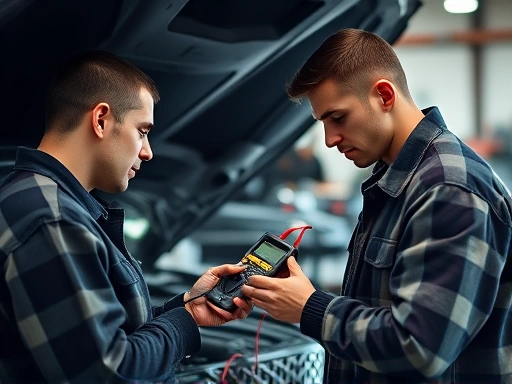 A focused car owner in a garage using a multimeter to diagnose an electrical system issue under the hood of a modern vehicle, demonstrating car troubleshooting.