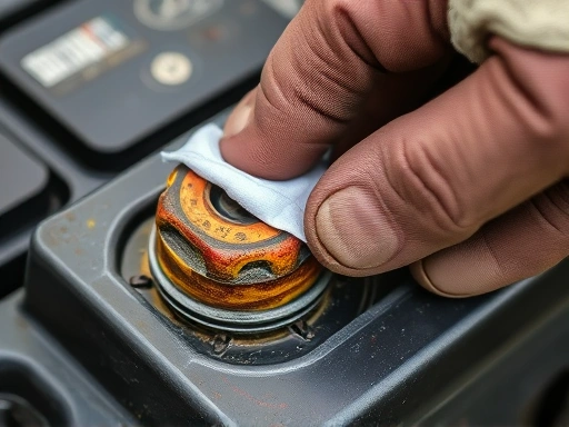 A close-up shot of a corroded car battery terminal with a hand in work gloves attempting to clean it, illustrating common electrical fault points.