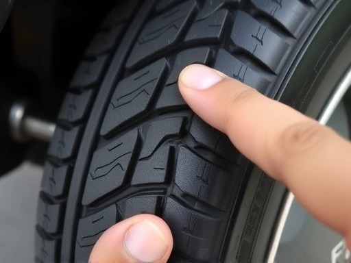 Close-up shot of a car tire tread, showing visible wear indicators, with a hand pointing to the measurement, emphasizing tire safety and inspection for optimal summer driving.