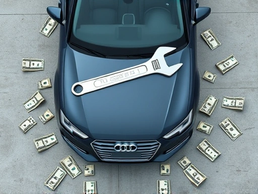 A detailed top-down view of an Audi A4 car with a wrench and scattered financial symbols, symbolizing maintenance costs and repair challenges.