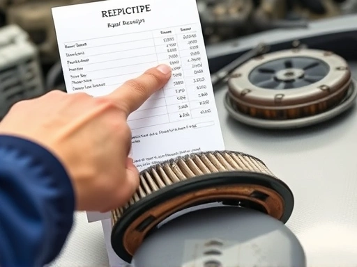 A close-up shot of a mechanic's hand pointing at a clear, itemized repair receipt, with a worn-out car part like an old air filter or brake pad resting on a clean workbench in the foreground, symbolizing accountability and verification. Keywords: Itemized receipt, car parts, repair cost, transparency.