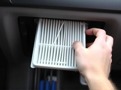 A hand replacing a cabin air filter in a car's glove box, showing a clear, easy DIY process for car owners.