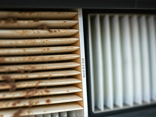 A close-up shot of a dirty, old cabin air filter next to a new, clean one, emphasizing the need for replacement.