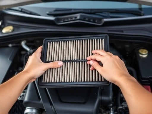 A pair of hands carefully removing a dirty car engine air filter from its black plastic housing in a bright, clean engine bay, illustrating DIY car maintenance. Focus on the filter and hands.